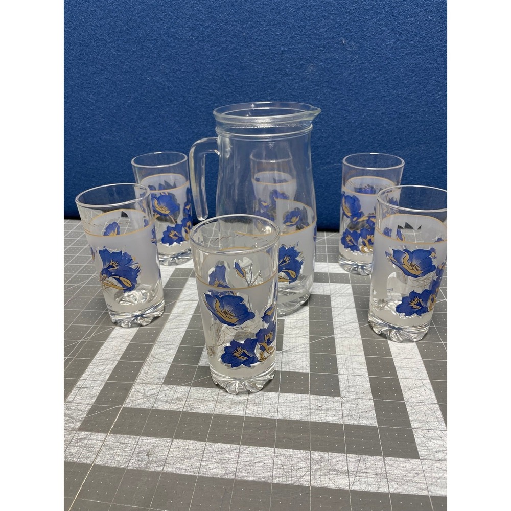 Italy Pitcher Blue Gold Floral Cerve Glass‎ Retro Kitchen Flowers #11